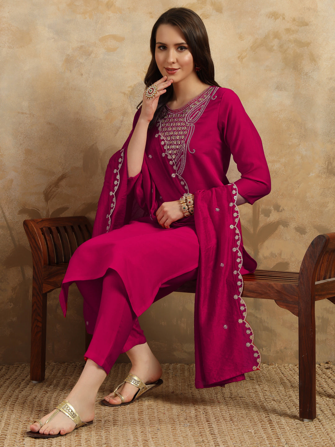 Women's Round Neck Embroidered Work Chanderi Fabric Kurta & Pant With Dupatta Set - Taantav