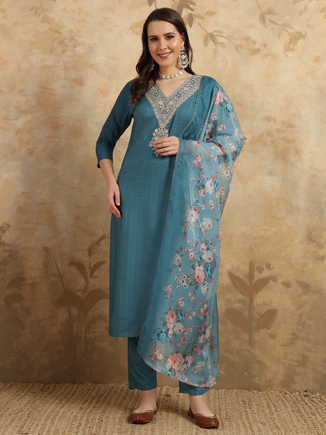 Women's V Neck Embroidered Work Viscose Rayon Fabric Kurta & Pant With Dupatta Set - Taantav