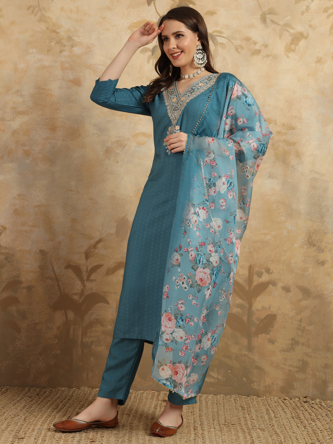 Women's V Neck Embroidered Work Viscose Rayon Fabric Kurta & Pant With Dupatta Set - Taantav