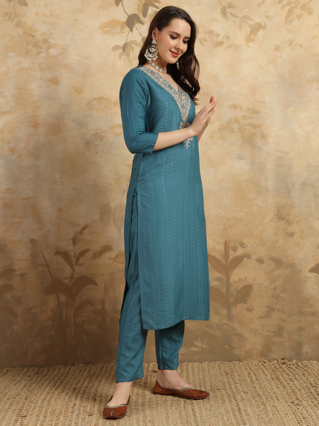 Women's V Neck Embroidered Work Viscose Rayon Fabric Kurta & Pant With Dupatta Set - Taantav