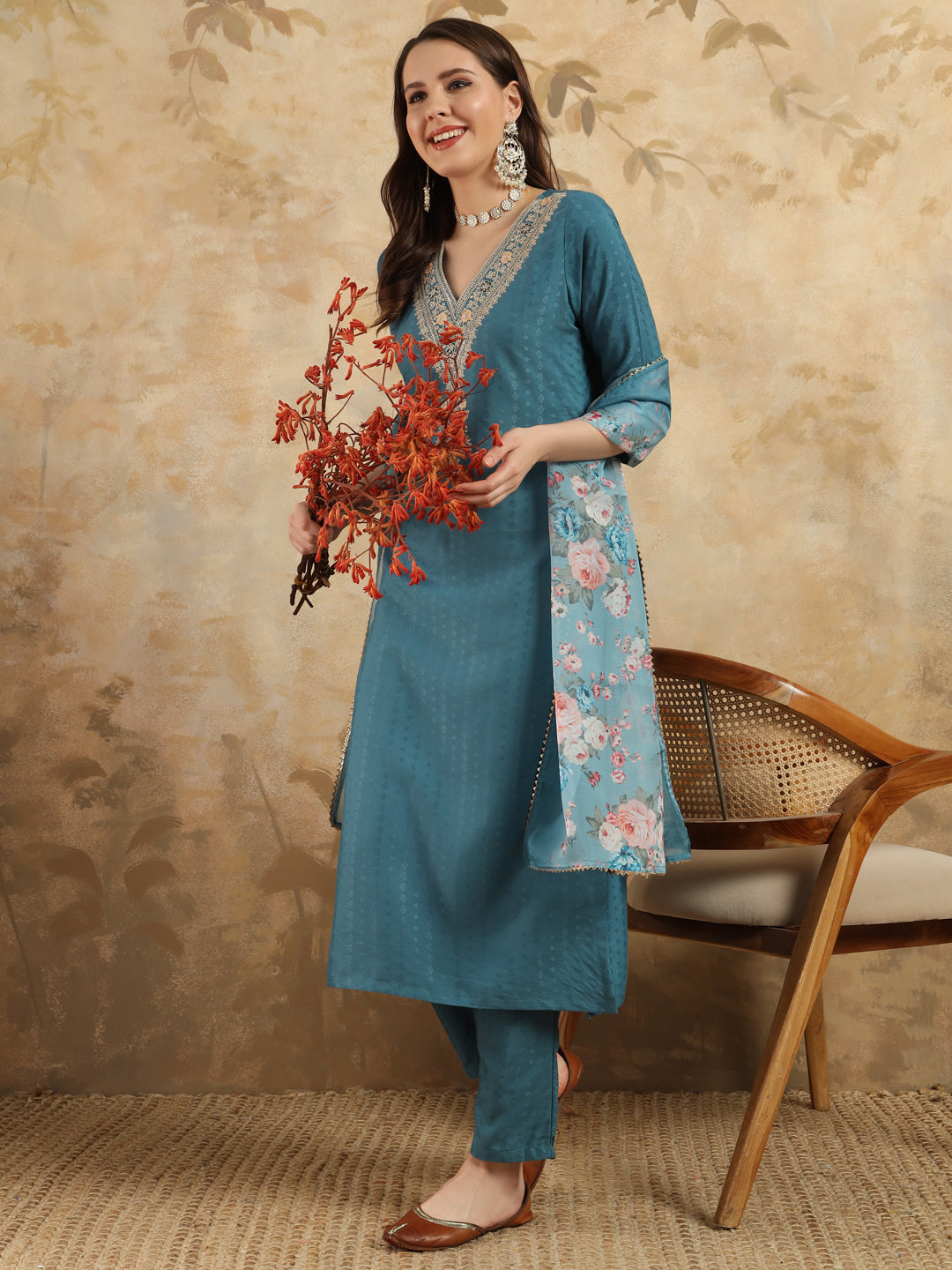 Women's V Neck Embroidered Work Viscose Rayon Fabric Kurta & Pant With Dupatta Set - Taantav