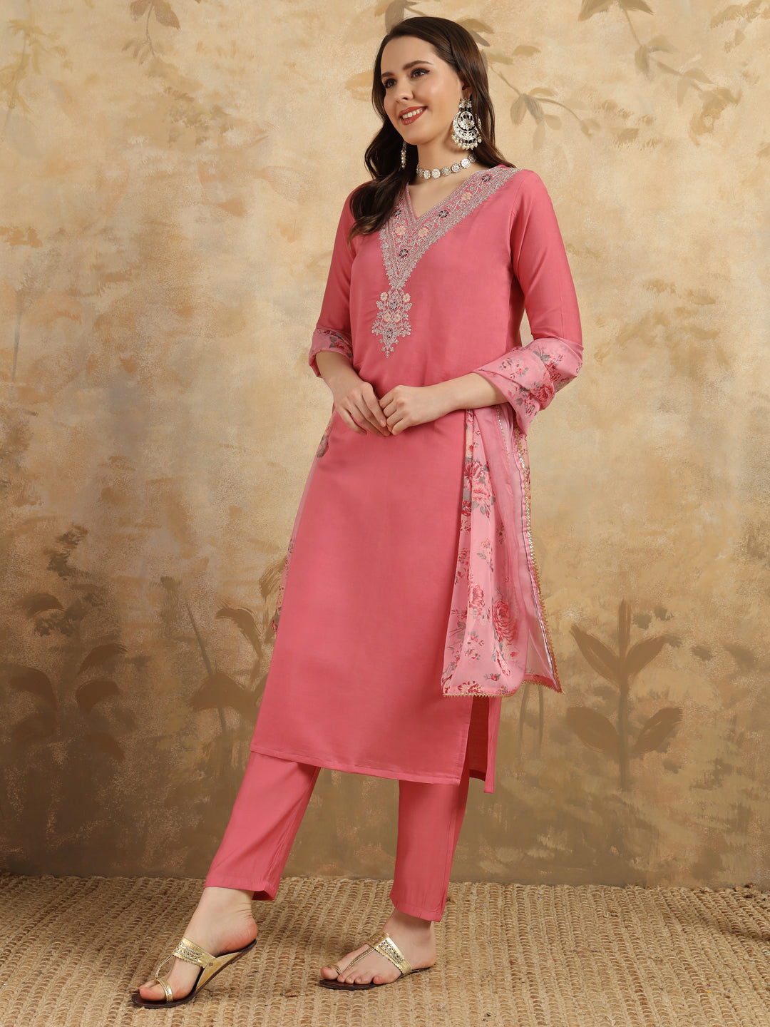 Women's V Neck Embroidered Work Chanderi Fabric Kurta & Pant With Dupatta Set - Taantav