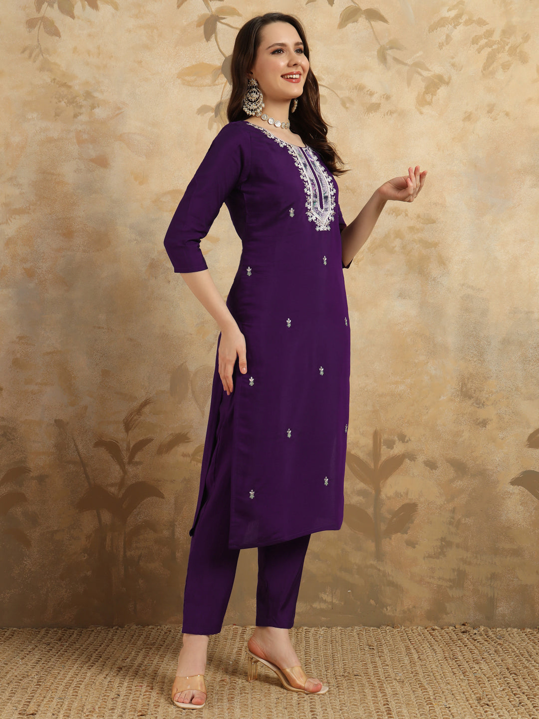 Women's Round Neck Embroidered Work Chanderi Fabric Kurta & Pant With Dupatta Set - Taantav