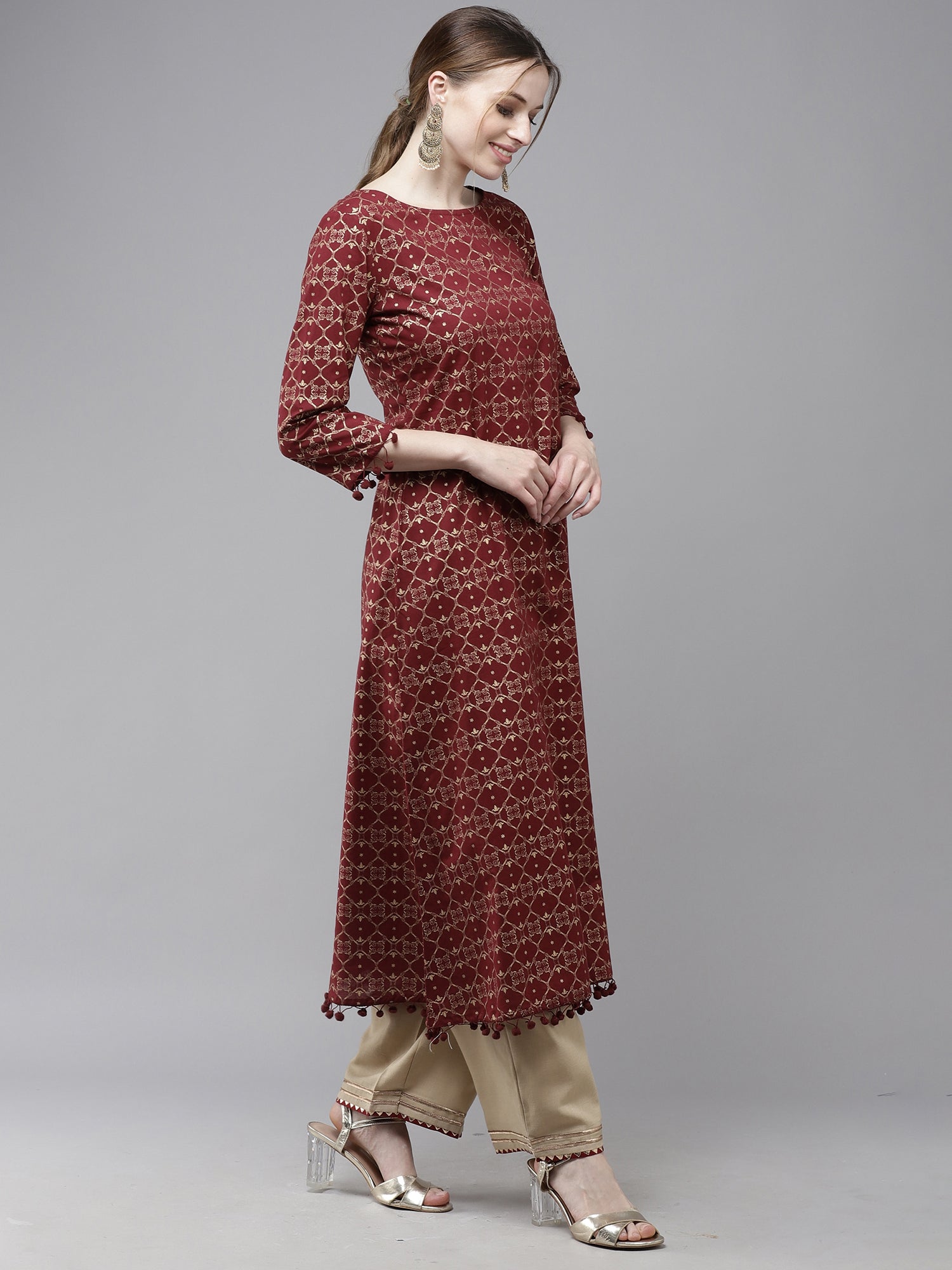 Women's Maroon Cotton Kurta - Taantav