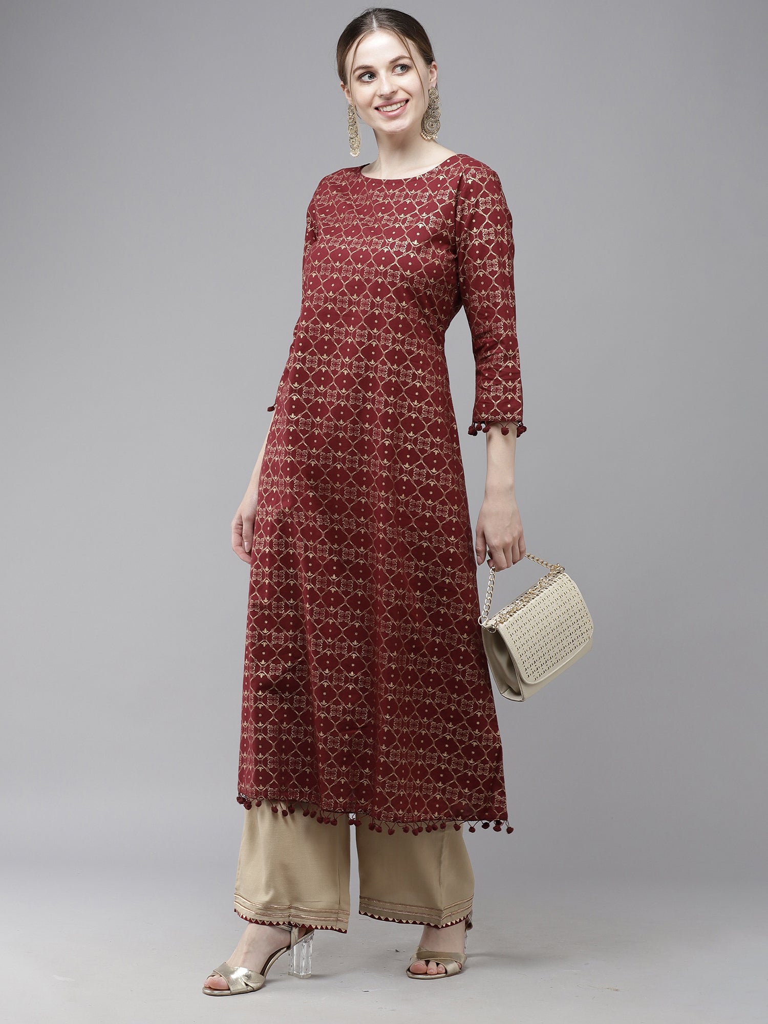 Women's Maroon Cotton Kurta - Taantav