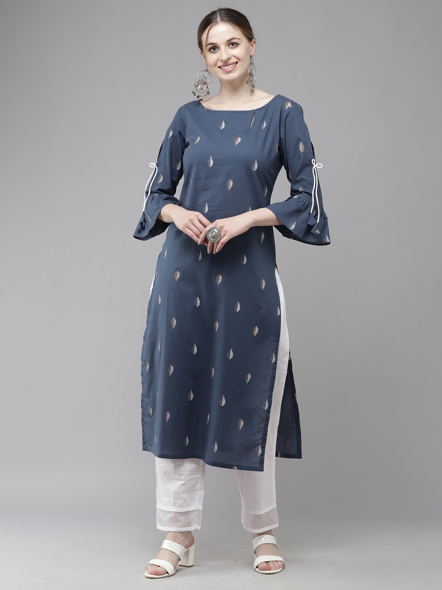 Women's Navy Blue Chanderi Cotton Kurta - Taantav