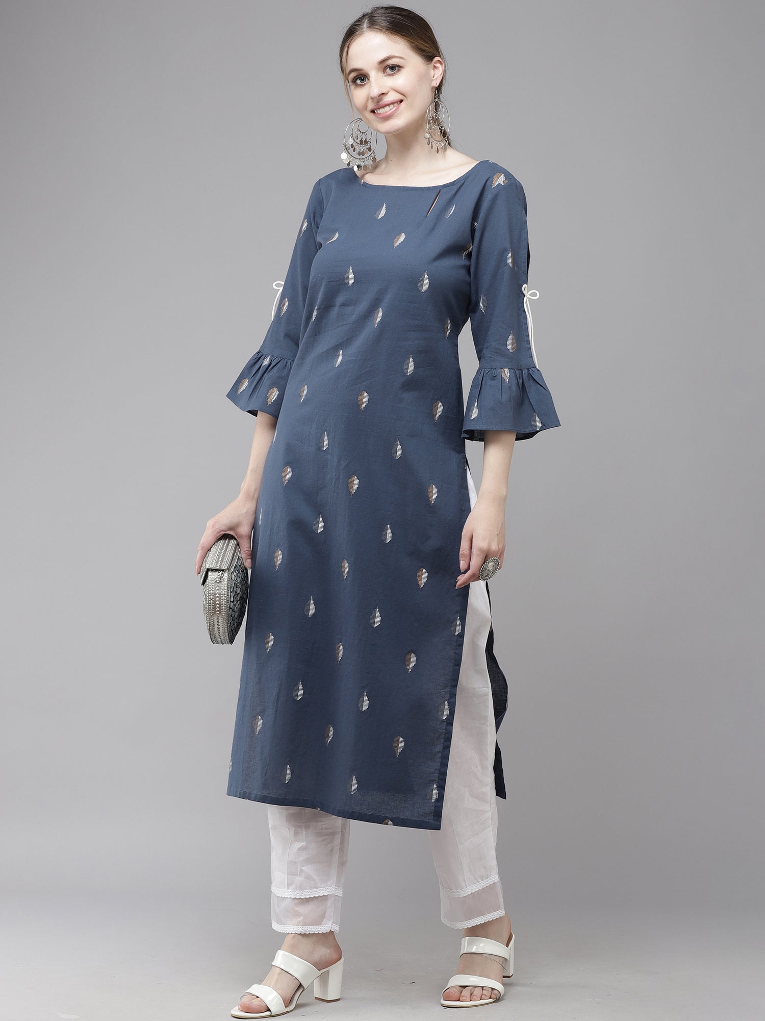 Women's Navy Blue Chanderi Cotton Kurta - Taantav