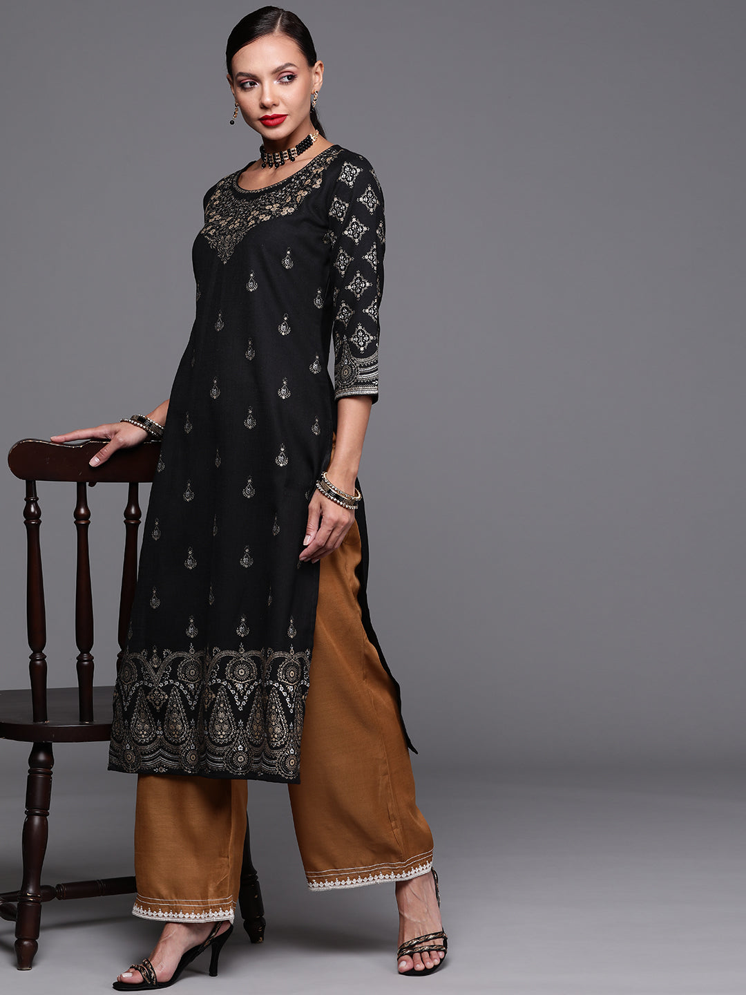 Women's Black Cotton Kurta - Taantav