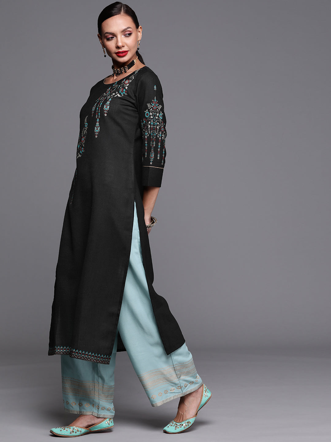 Women's Black Cotton Kurta - Taantav