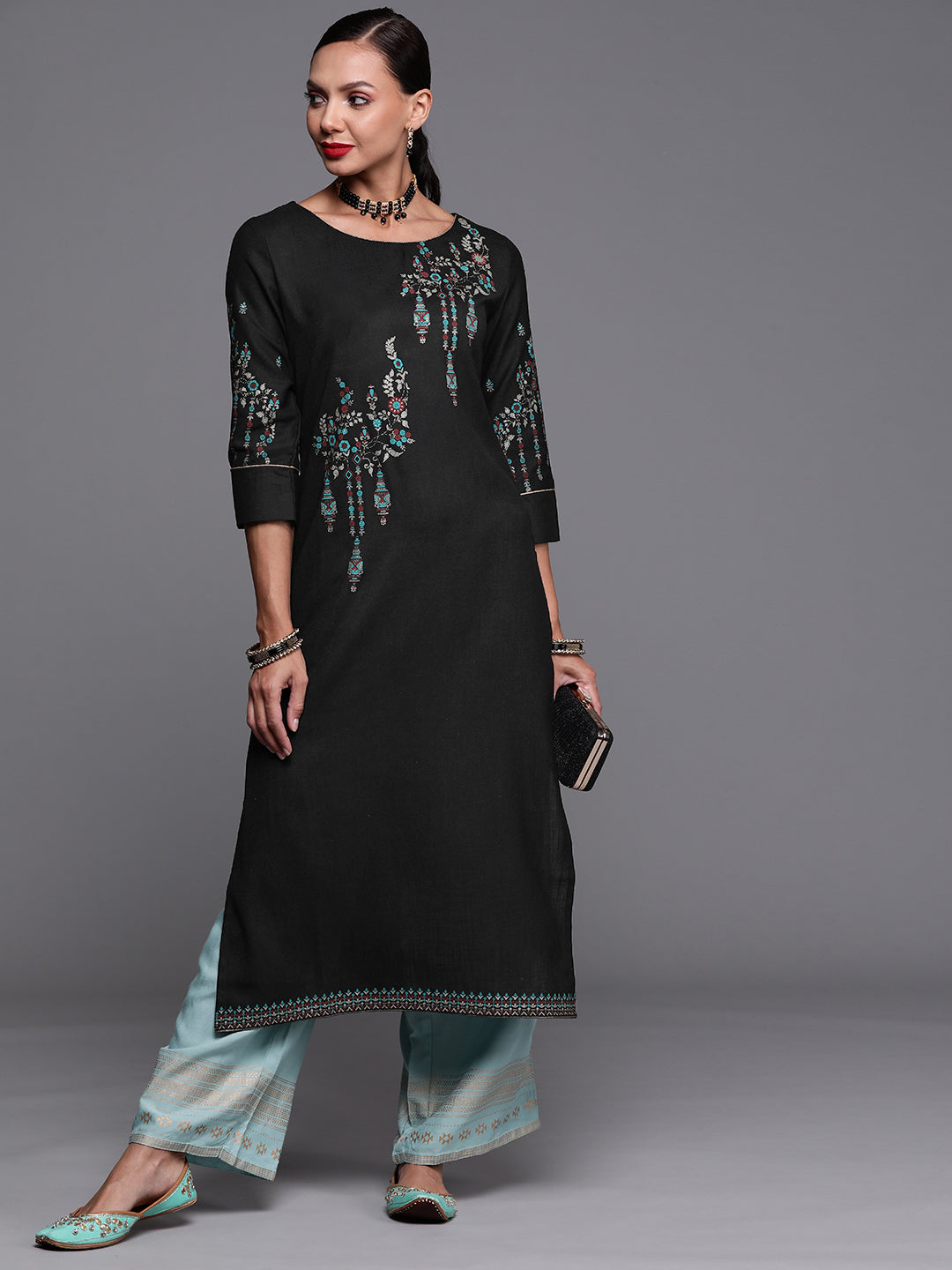 Women's Black Cotton Kurta - Taantav