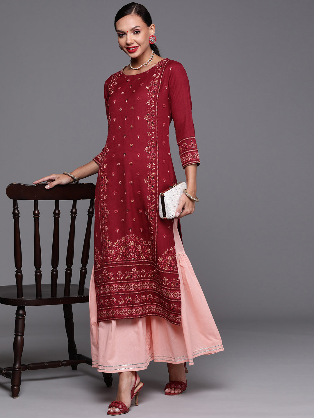 Women's Maroon Cotton Kurta - Taantav