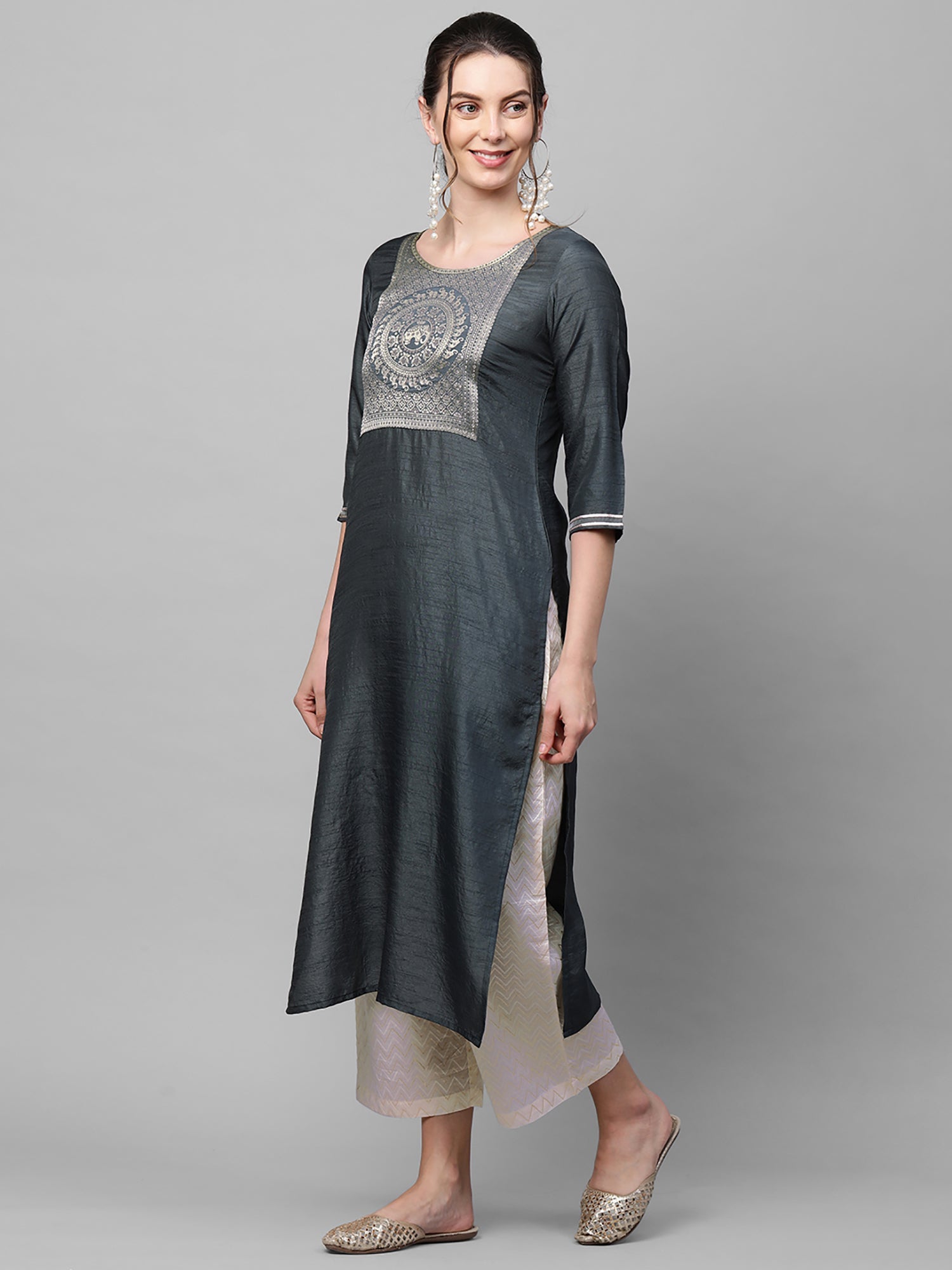 Women's Grey Polyester Kurta - Taantav