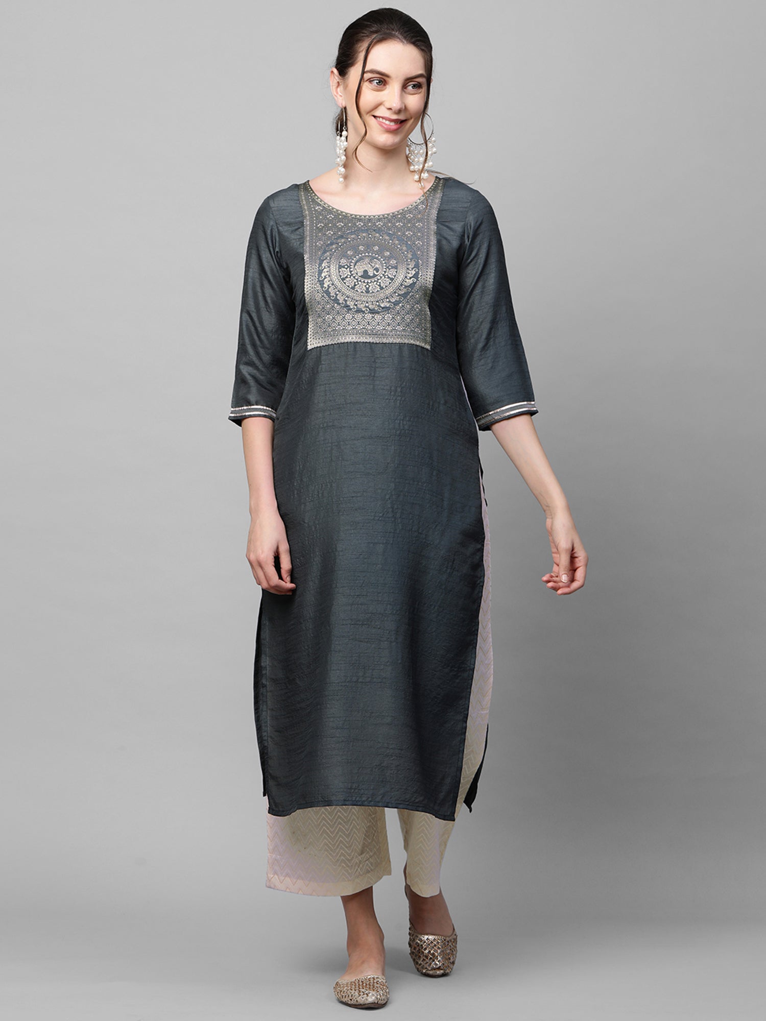 Women's Grey Polyester Kurta - Taantav