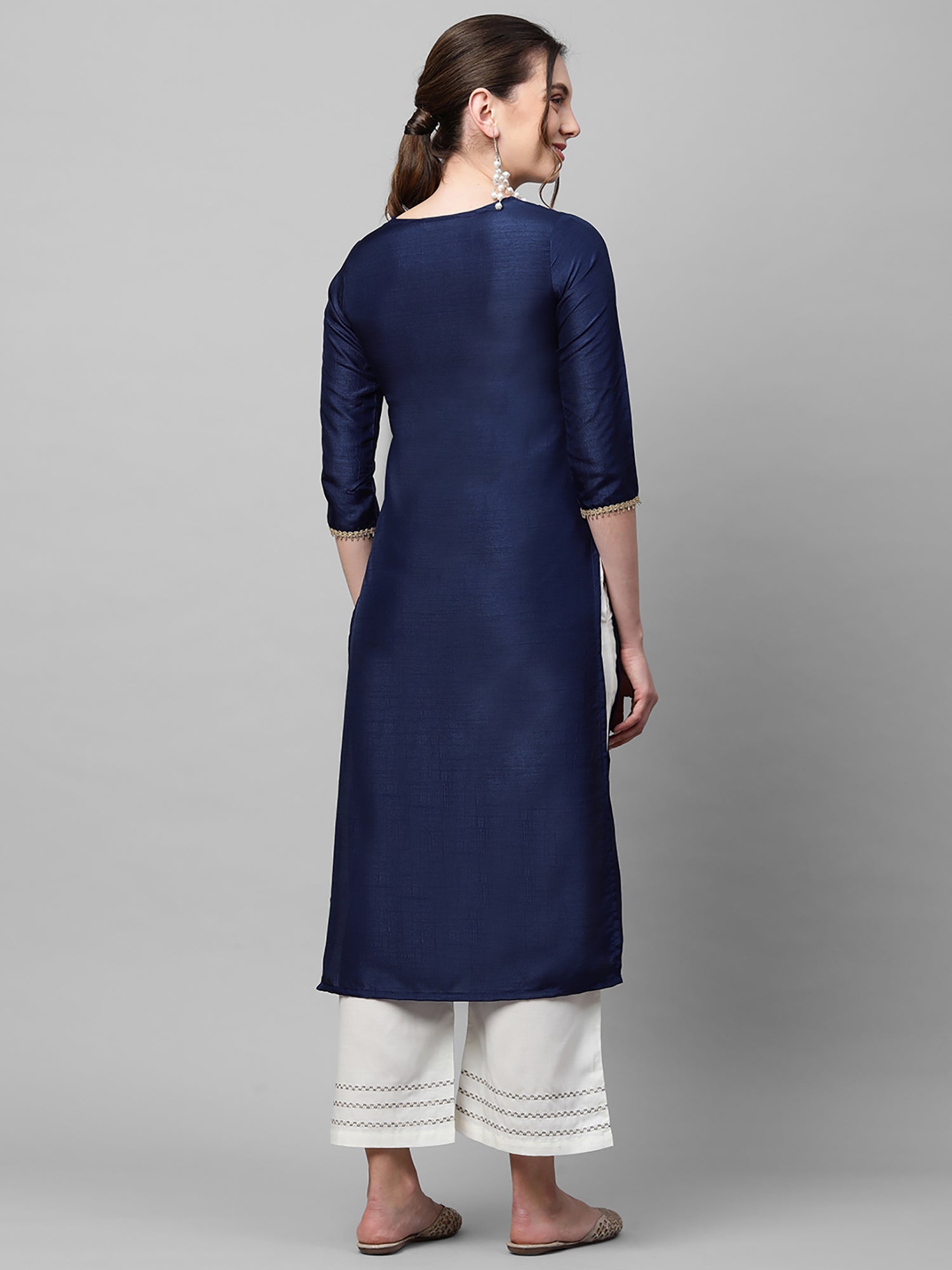 Women's Navy Blue Polyester Kurta - Taantav