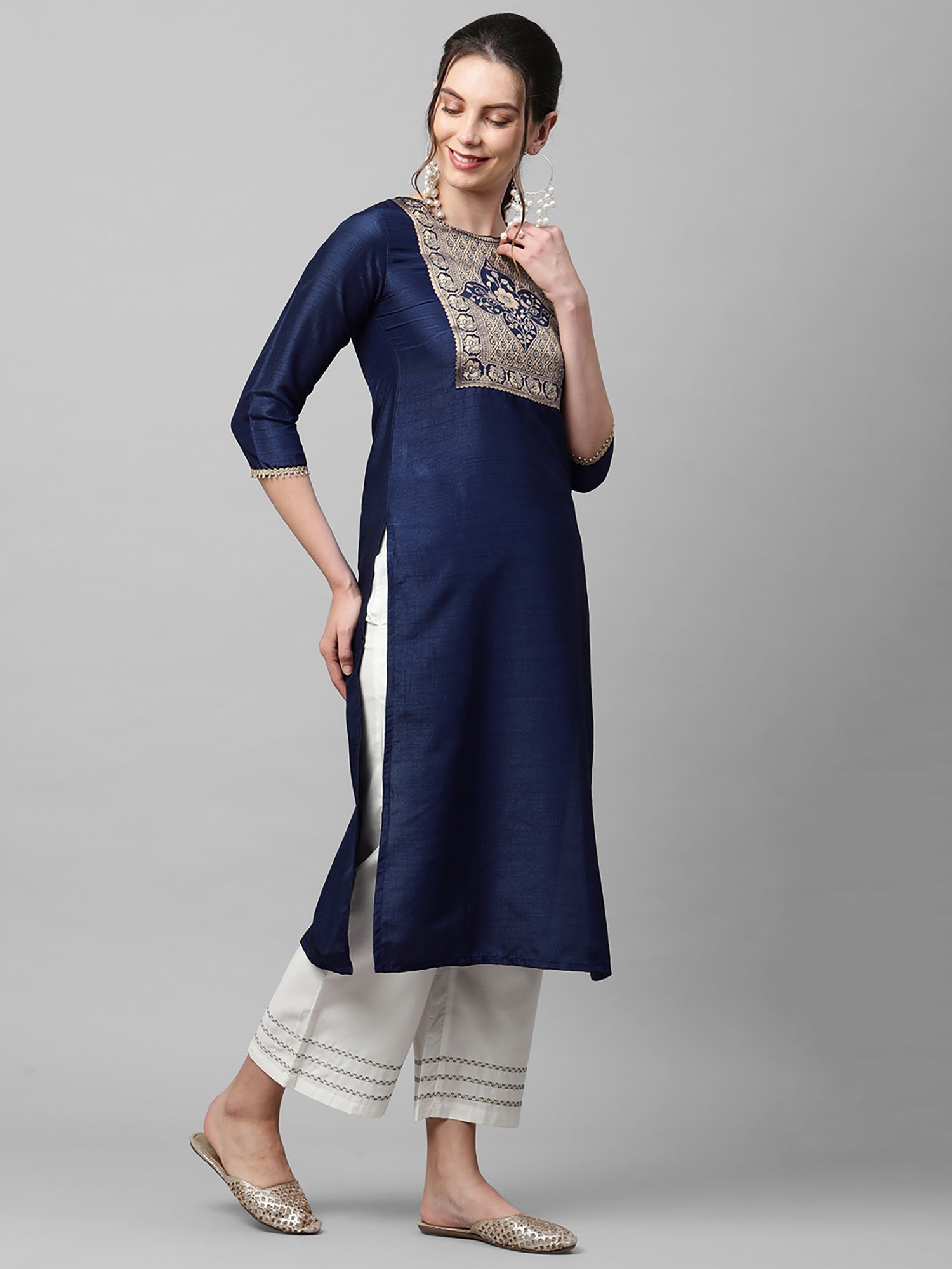 Women's Navy Blue Polyester Kurta - Taantav