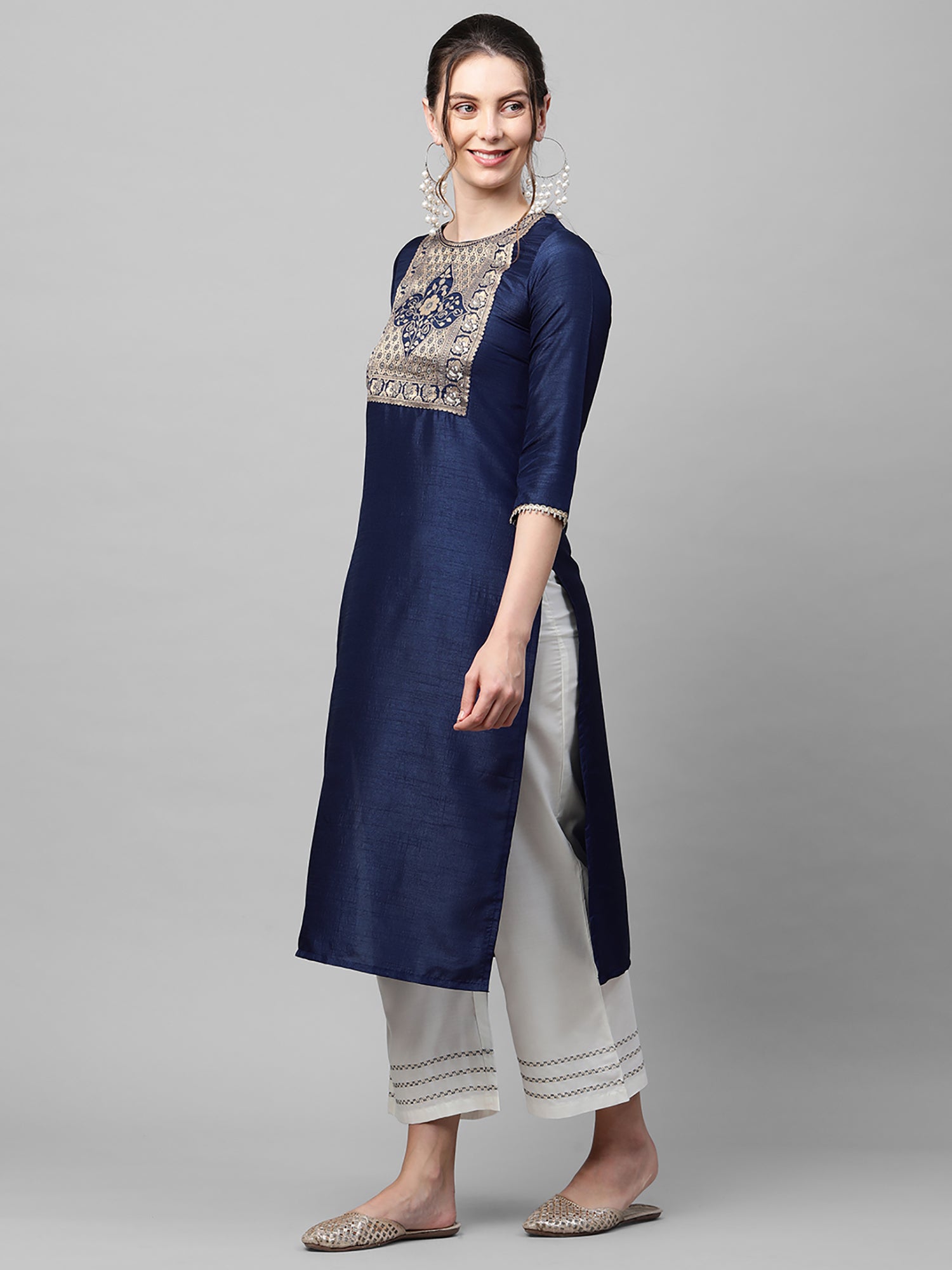 Women's Navy Blue Polyester Kurta - Taantav