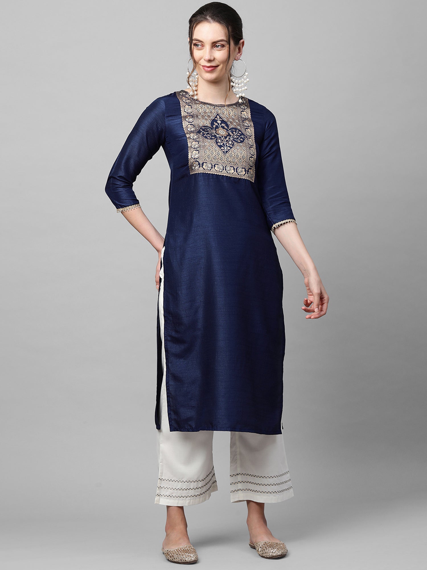 Women's Navy Blue Polyester Kurta - Taantav