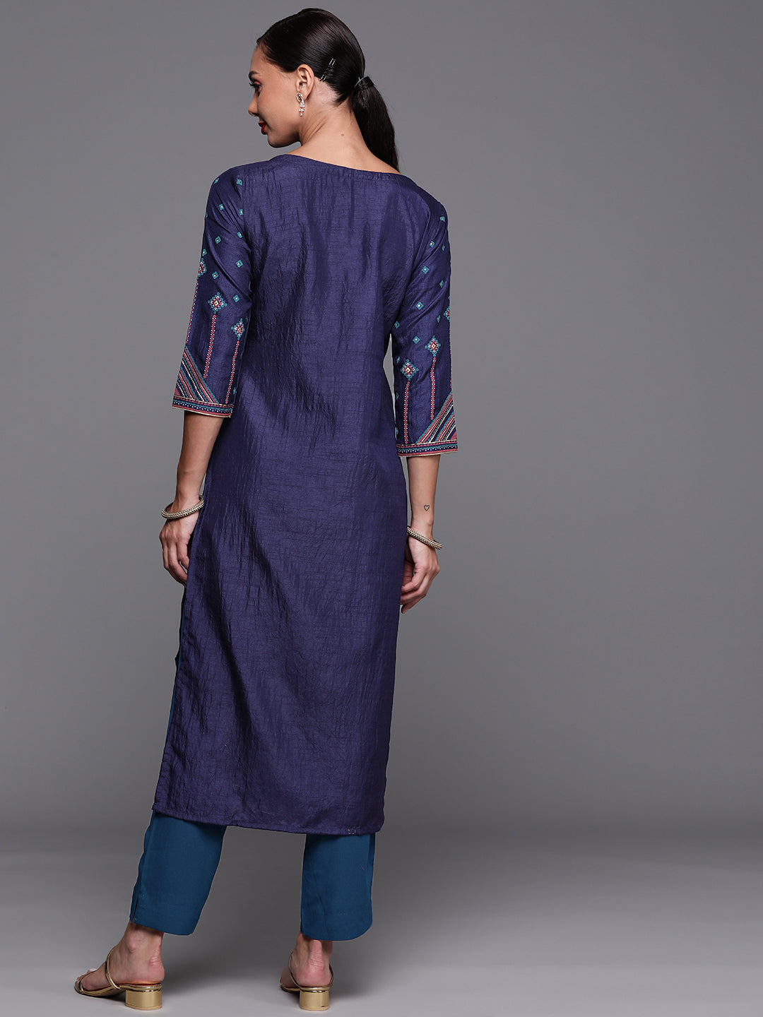 Women's Navy Blue Polyester Kurta - Taantav