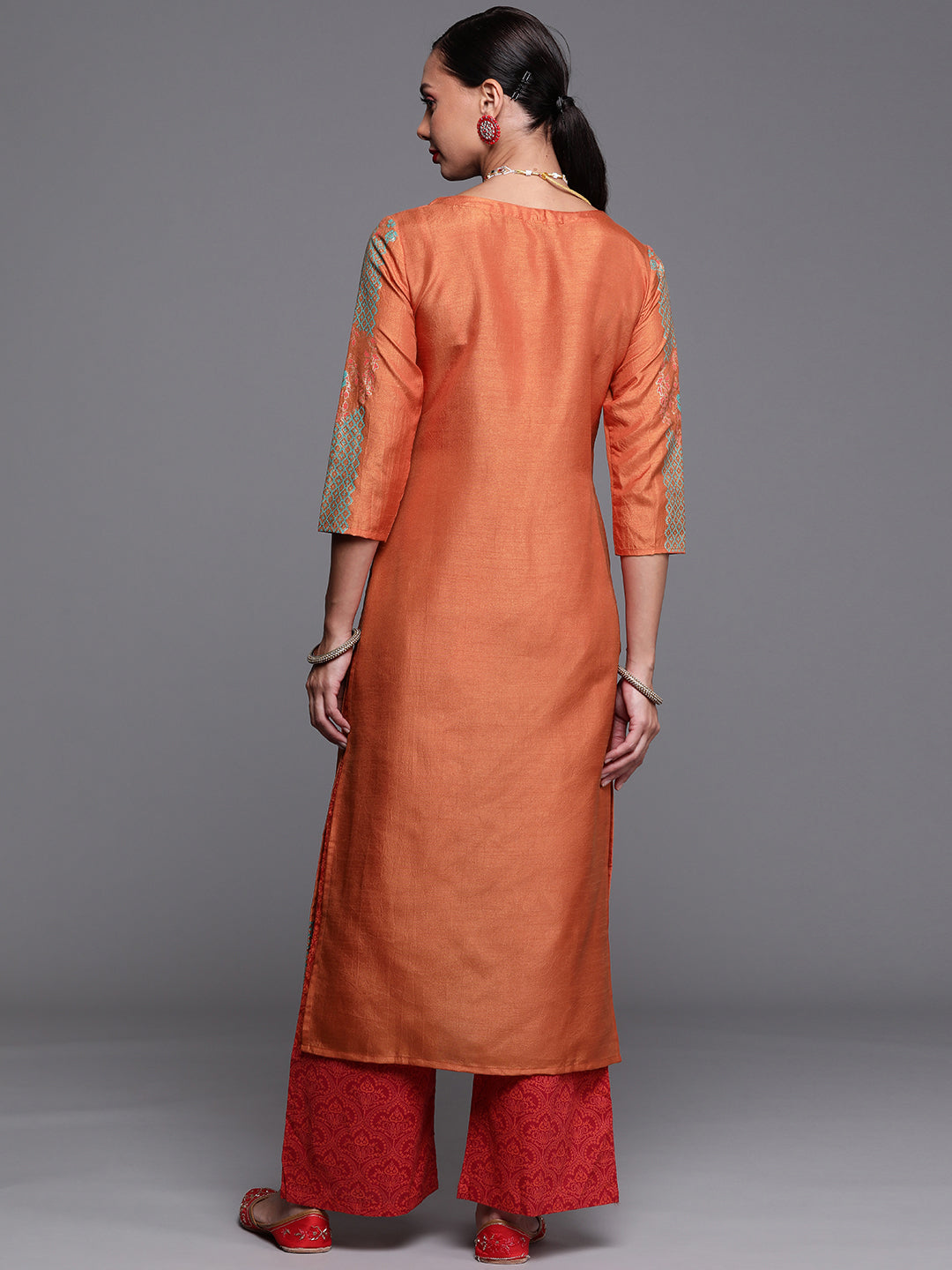 Women's Orange Polyester Kurta - Taantav