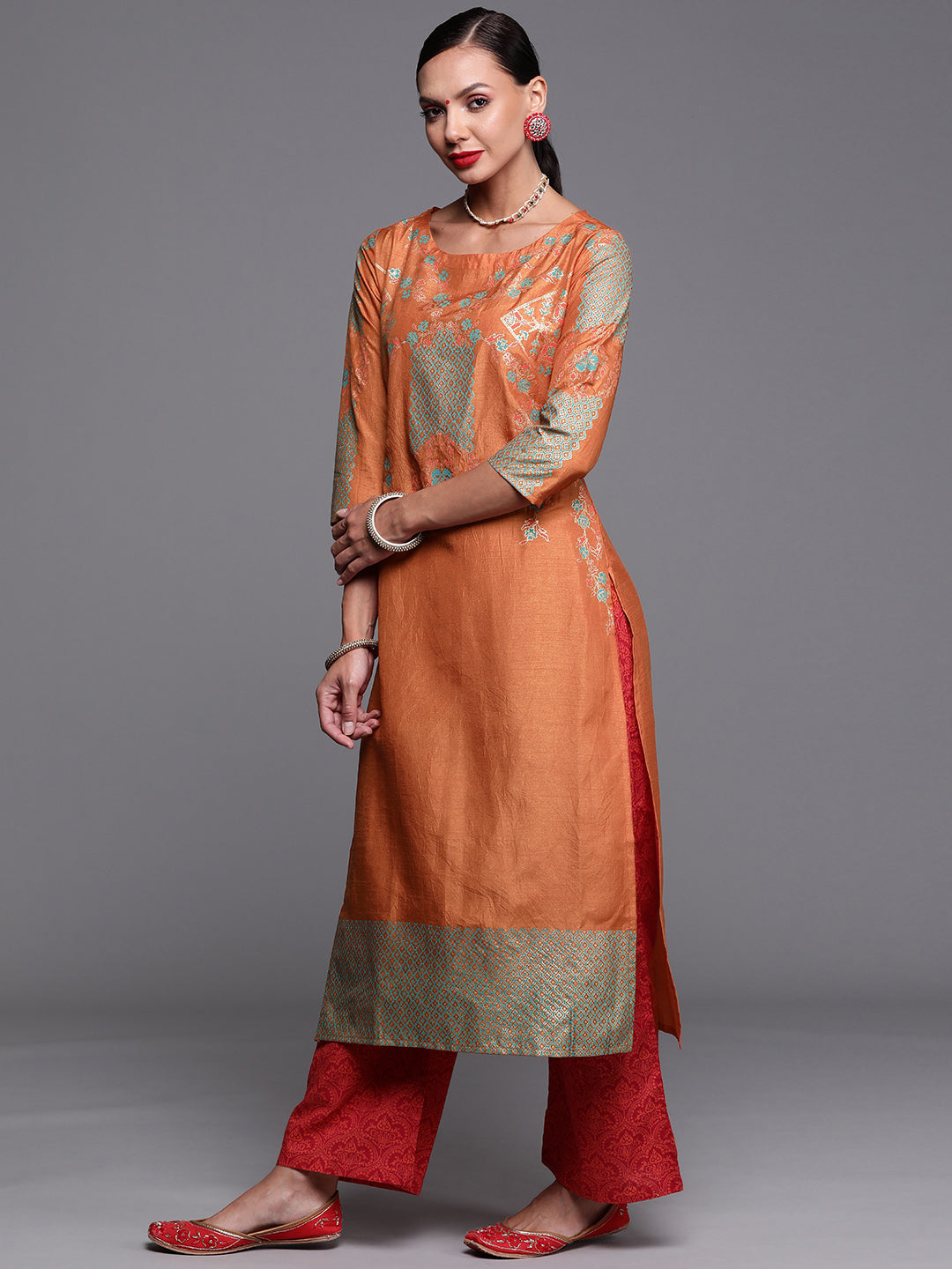 Women's Orange Polyester Kurta - Taantav