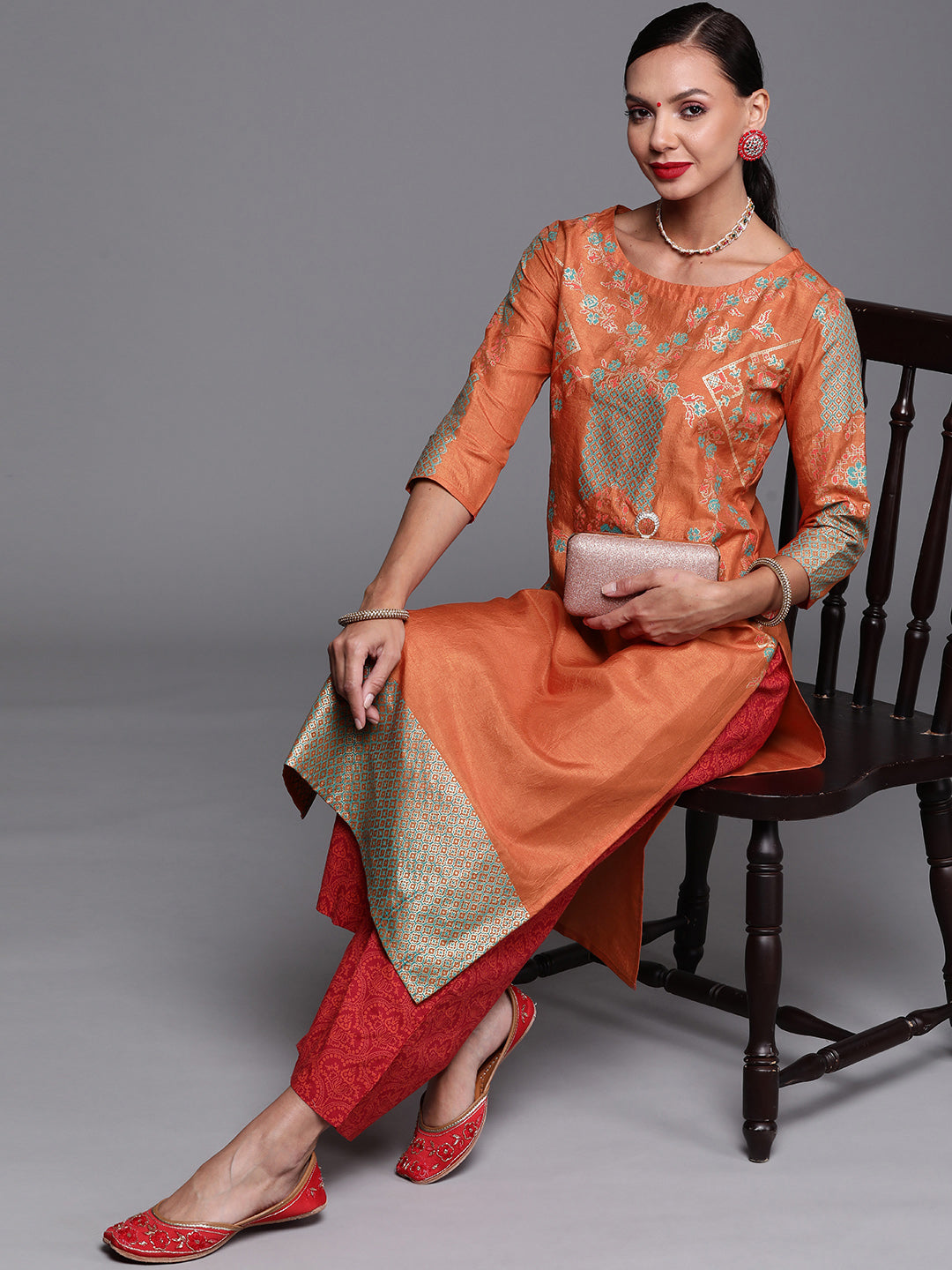 Women's Orange Polyester Kurta - Taantav