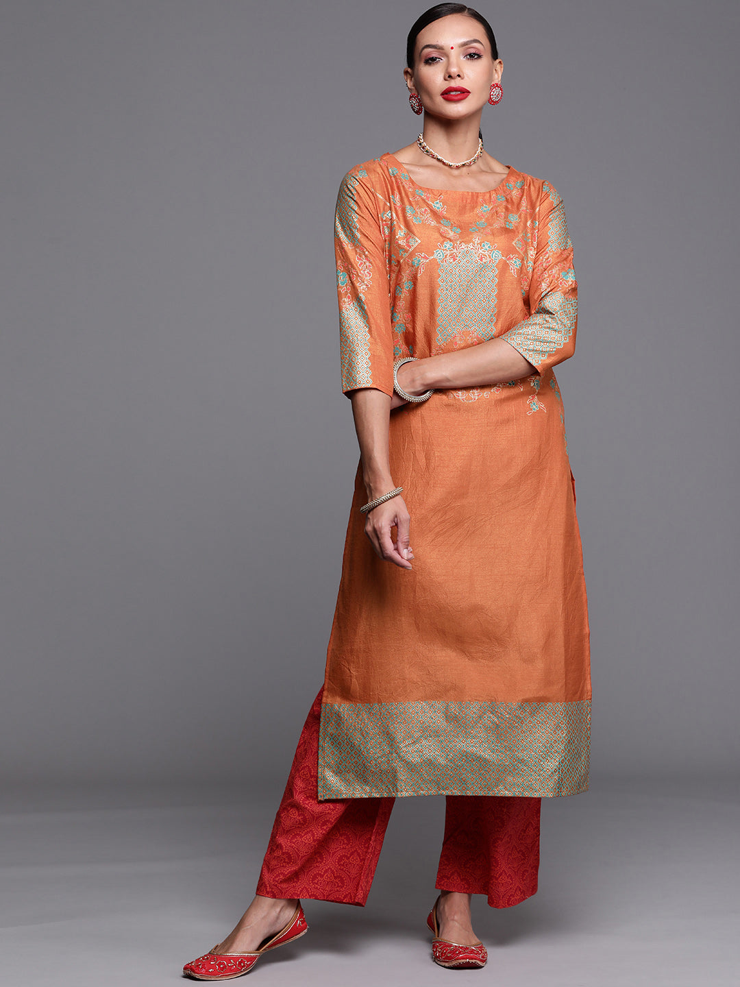 Women's Orange Polyester Kurta - Taantav