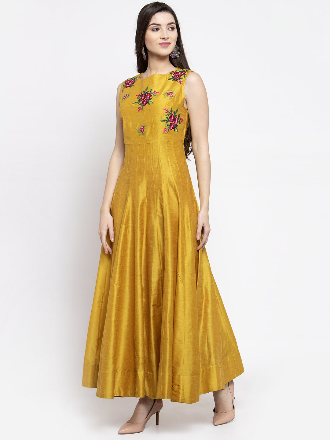 Women's Mustrad Yellow Foral Ethnic Maxi Dress - Bhama Couture