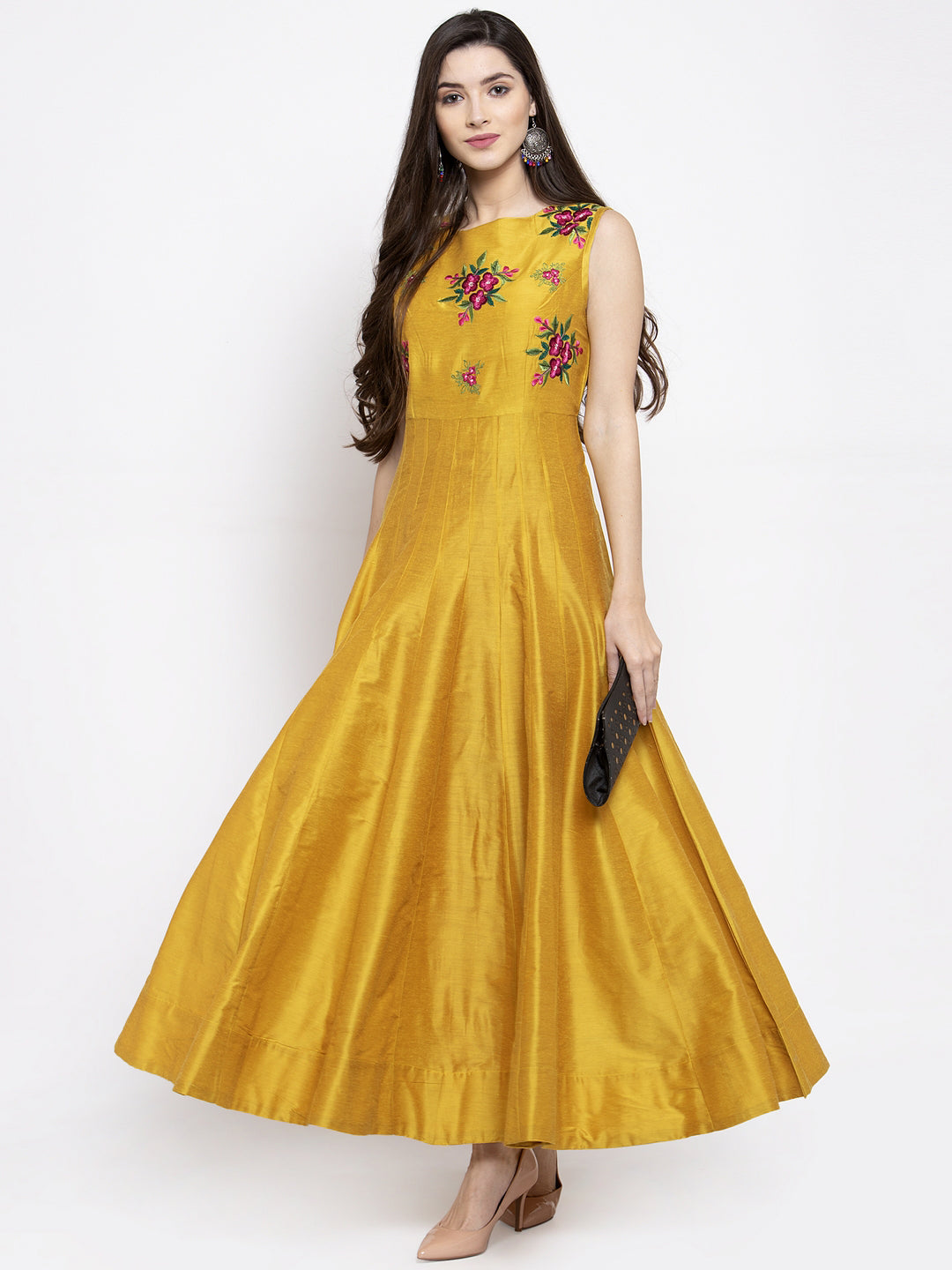 Women's Mustrad Yellow Foral Ethnic Maxi Dress - Final Clearance Sale