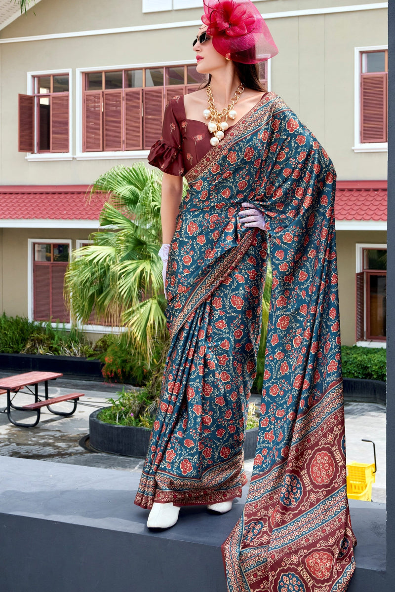 Women's Digital Ajarakh Print Assami Silk Saree With Printed Unstitche ...