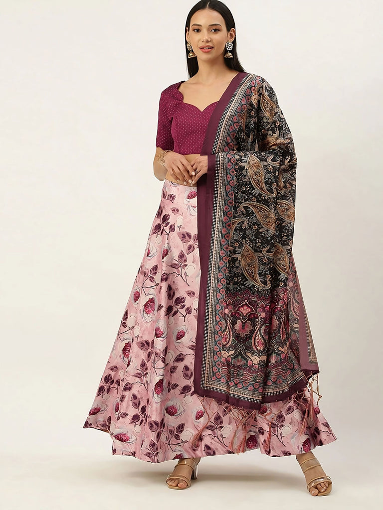 Women's Digital Print Shiney Satin Semistitched Lehenga Choli With Unstitched Blouse And Thred Work Dupatta