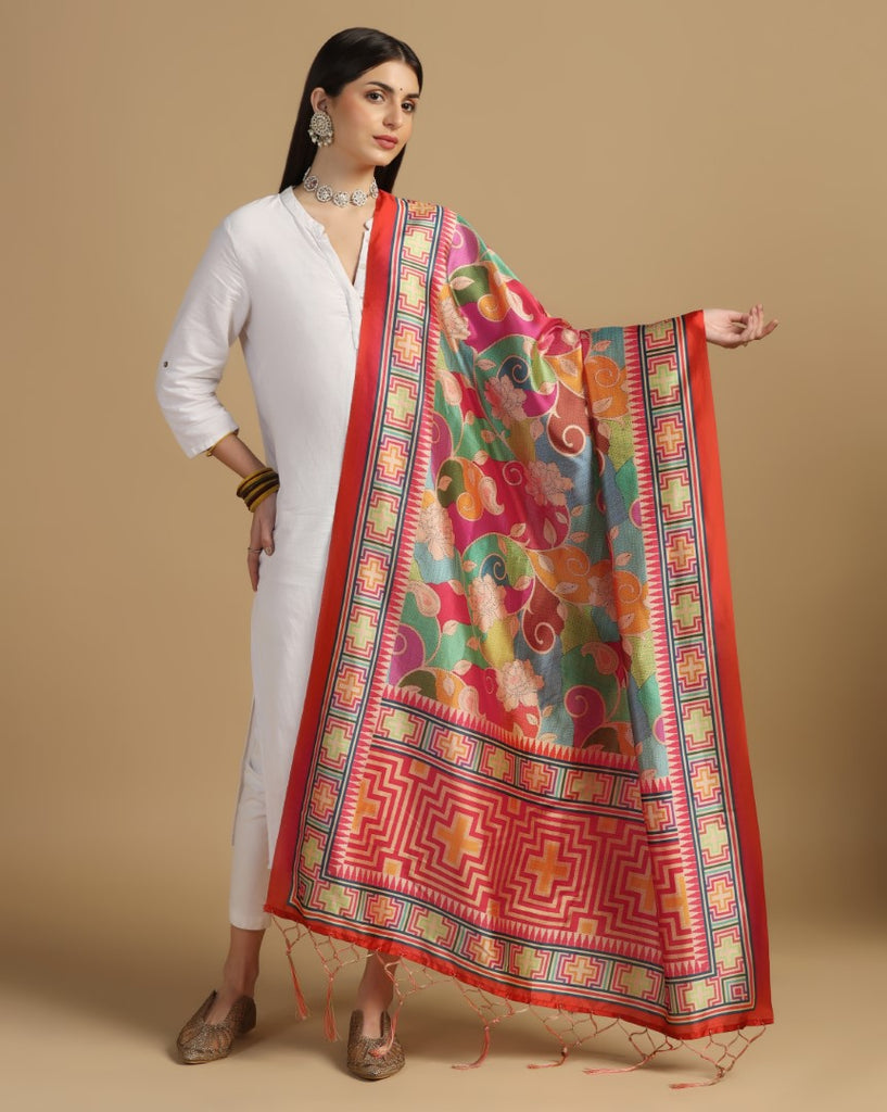 Women's Multi Color Assam Silk Digital Ethnic Motif Print Dupatta
