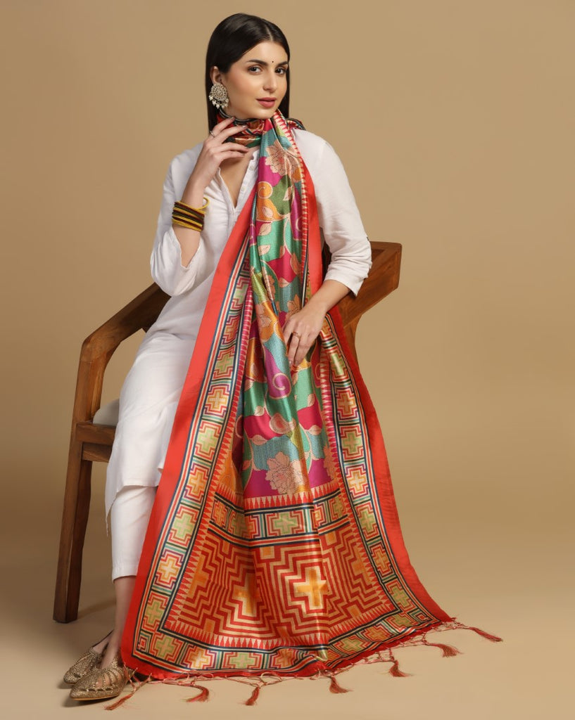 Women's Multi Color Assam Silk Digital Ethnic Motif Print Dupatta