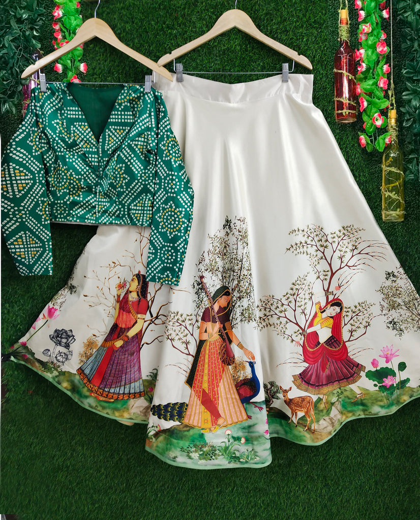 Women's Ethnic Motifs Digital Print Shiney Satin Croptop Lehenga Choli With Unstitched Blouse
