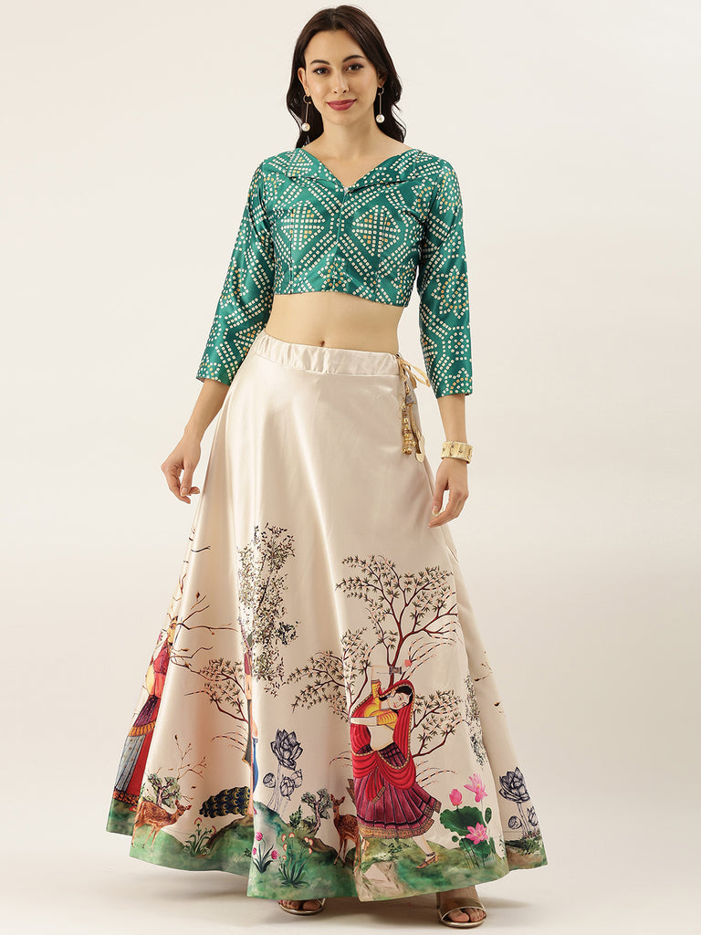Women's Ethnic Motifs Digital Print Shiney Satin Croptop Lehenga Choli With Unstitched Blouse