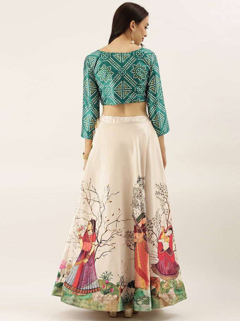 Women's Ethnic Motifs Digital Print Shiney Satin Croptop Lehenga Choli With Unstitched Blouse