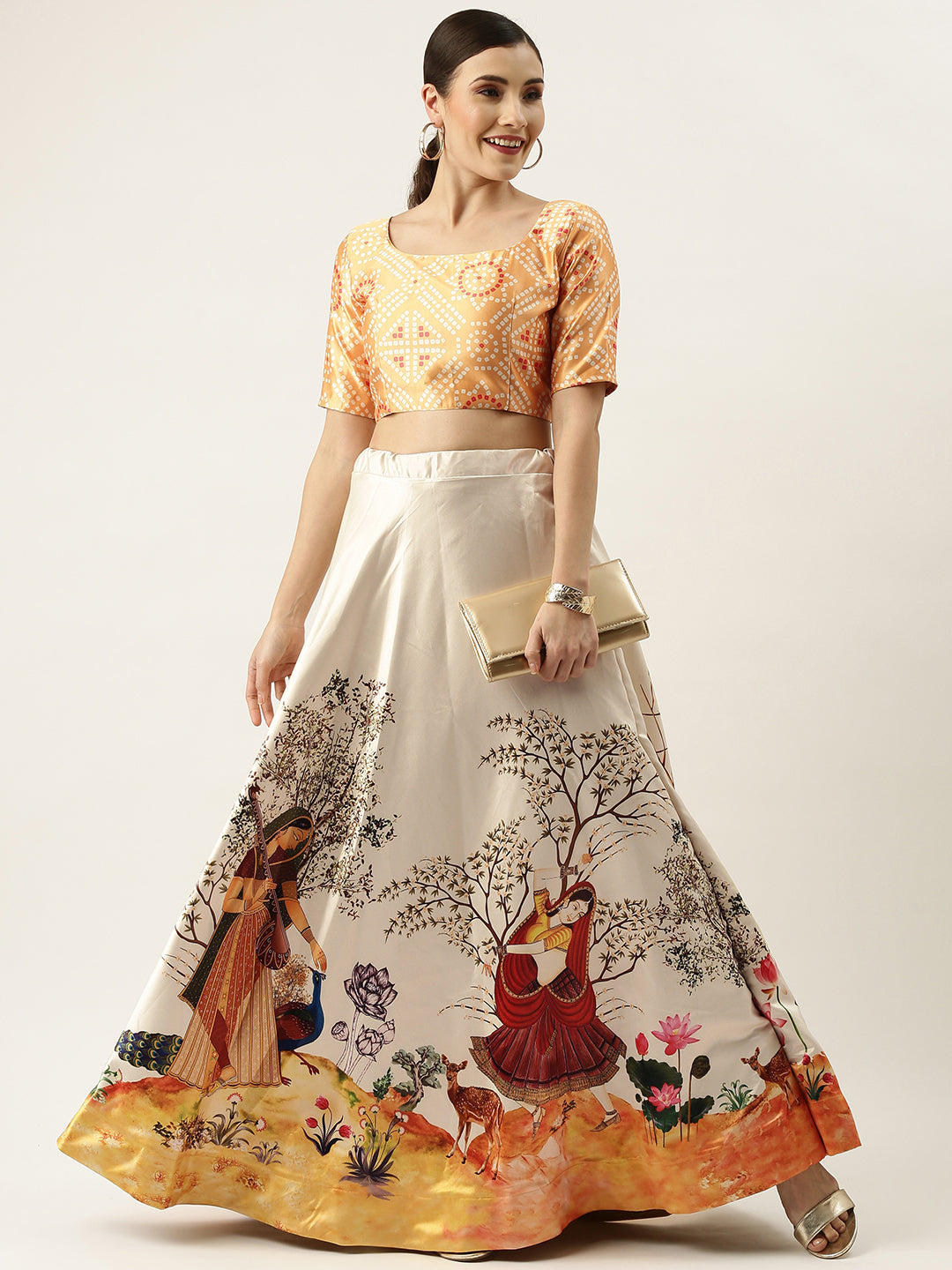 Women's Ethnic Motifs Digital Print Shiney Satin Croptop Lehenga Choli With Unstitched Blouse
