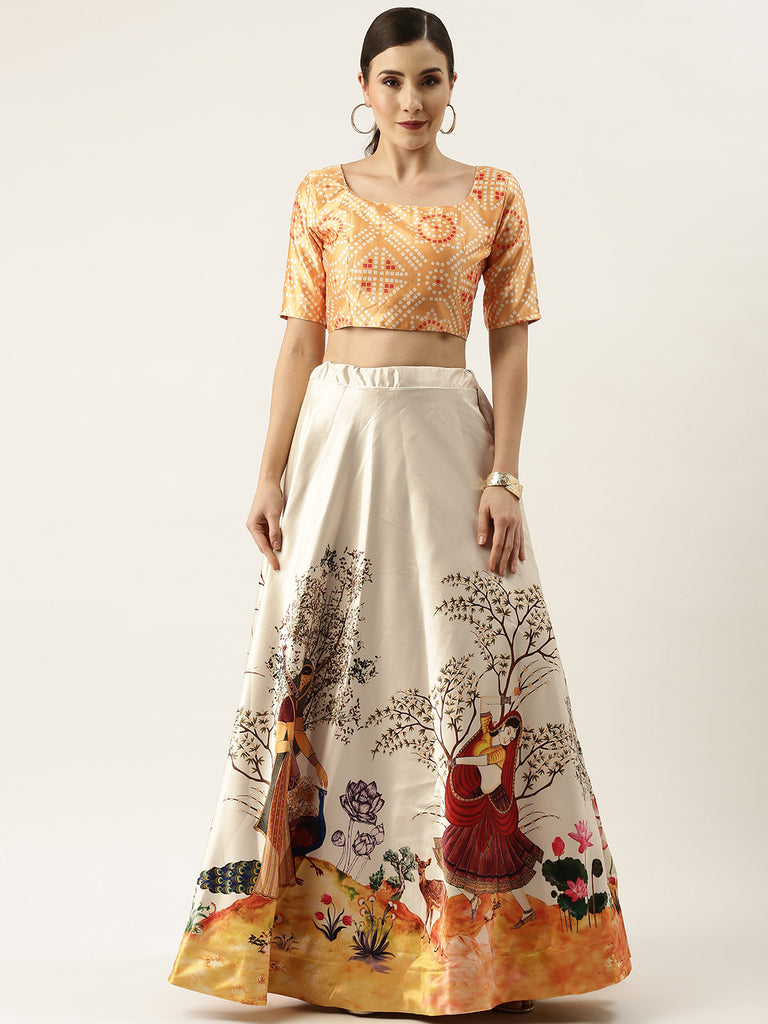 Women's Ethnic Motifs Digital Print Shiney Satin Croptop Lehenga Choli With Unstitched Blouse