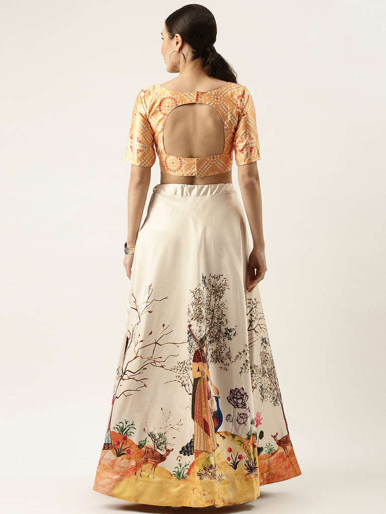 Women's Ethnic Motifs Digital Print Shiney Satin Croptop Lehenga Choli With Unstitched Blouse