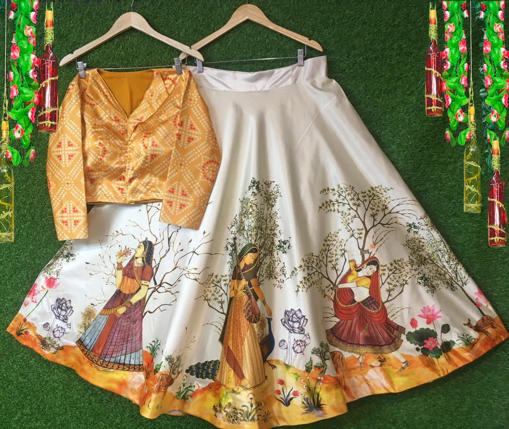 Women's Ethnic Motifs Digital Print Shiney Satin Croptop Lehenga Choli With Unstitched Blouse
