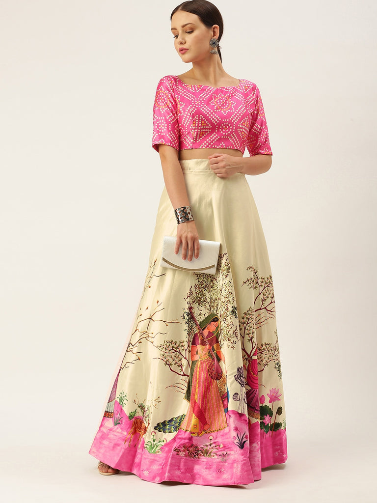 Women's Ethnic Motifs Digital Print Shiney Satin Croptop Lehenga Choli With Unstitched Blouse