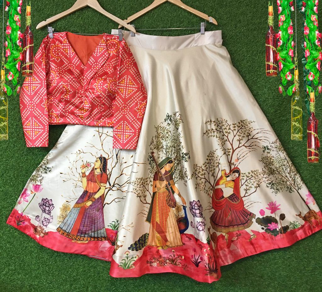 Women's Ethnic Motifs Digital Print Shiney Satin Croptop Lehenga Choli With Unstitched Blouse