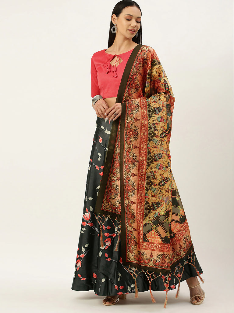 Women's Digital Print Shiney Satin Semistitched Lehenga Choli With Unstitched Blouse And Thred Work Dupatta