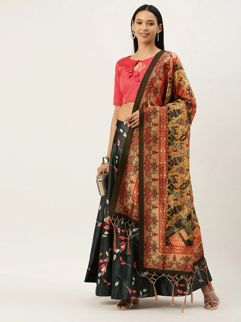 Women's Digital Print Shiney Satin Semistitched Lehenga Choli With Unstitched Blouse And Thred Work Dupatta