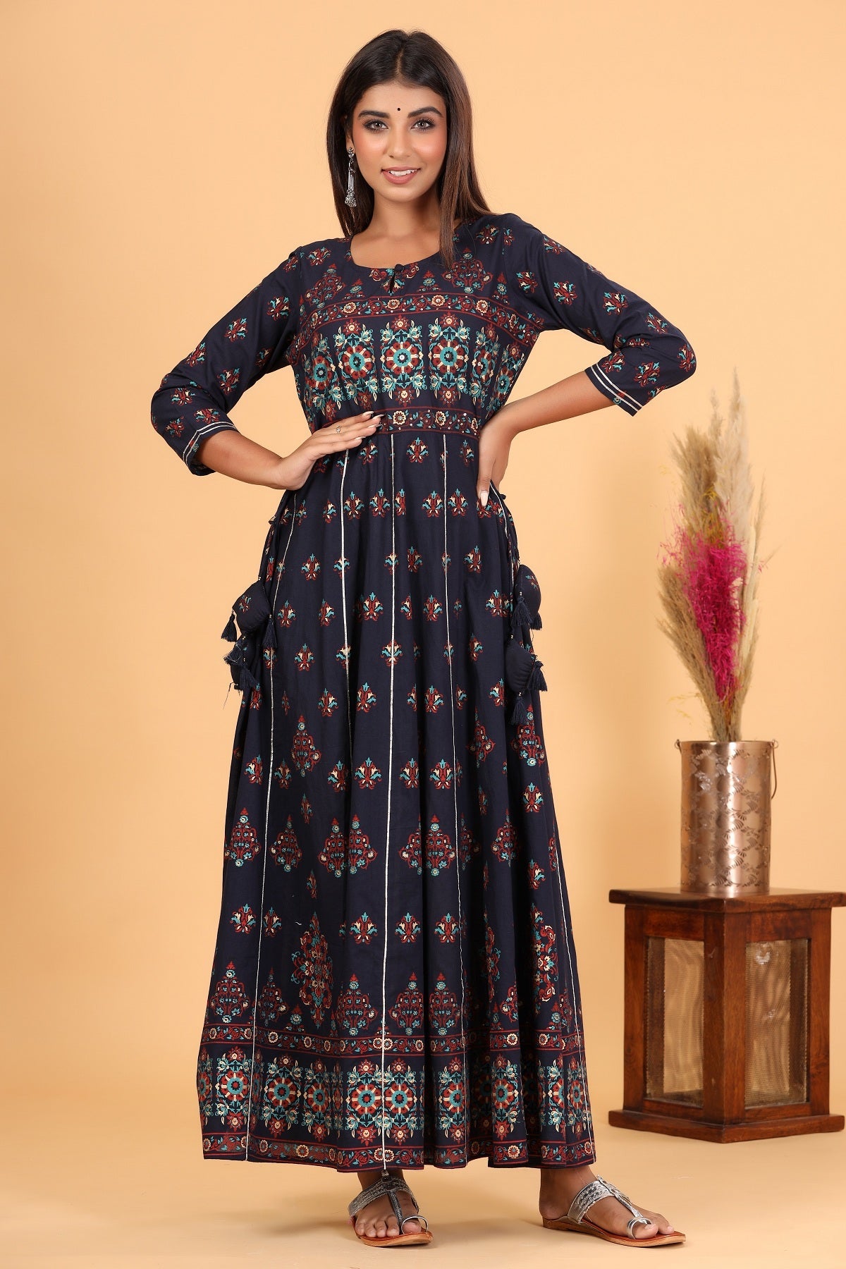 Women's Blue Gold Print Embellishment Anarkali Kurta