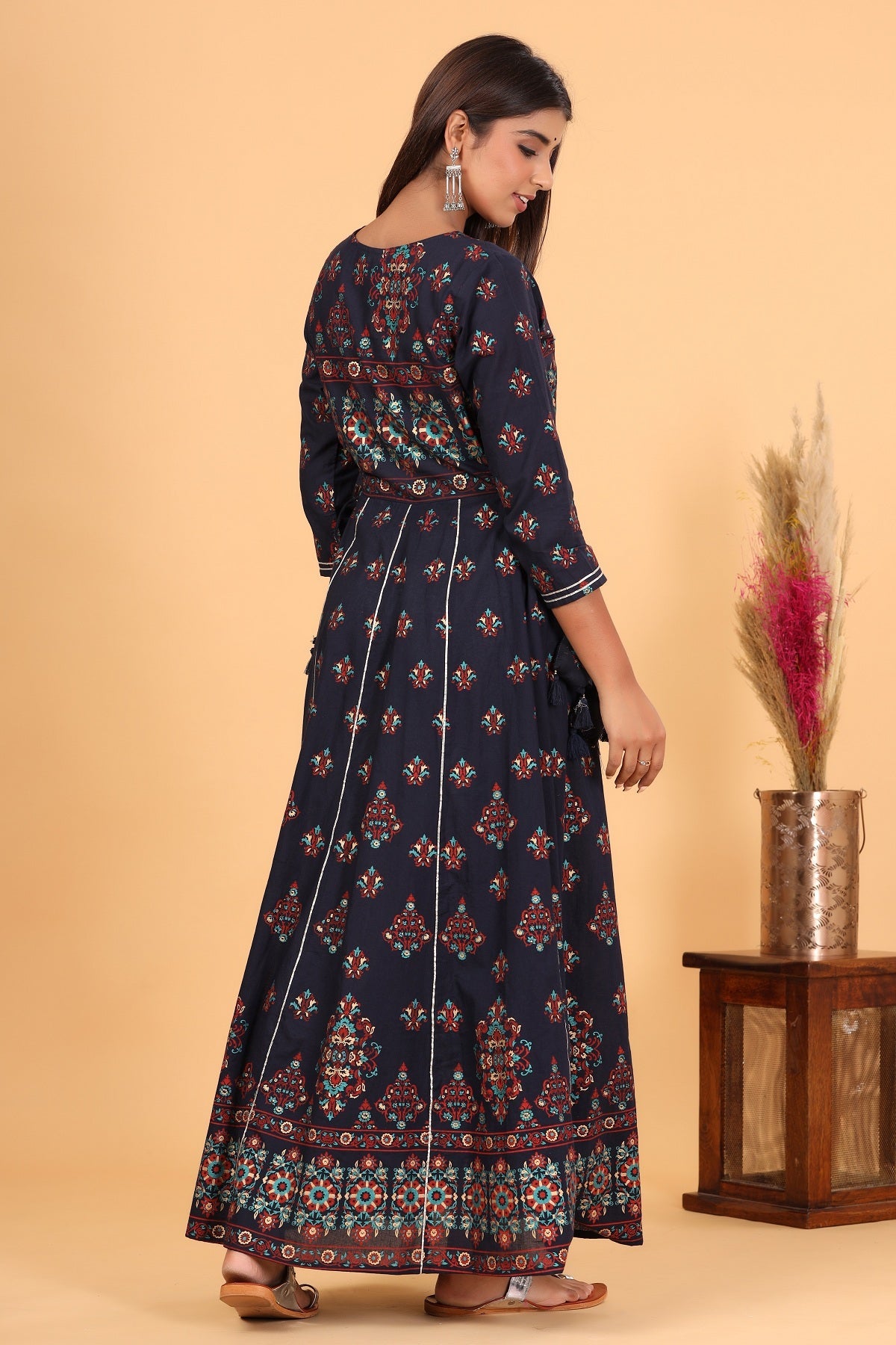 Women's Blue Gold Print Embellishment Anarkali Kurta