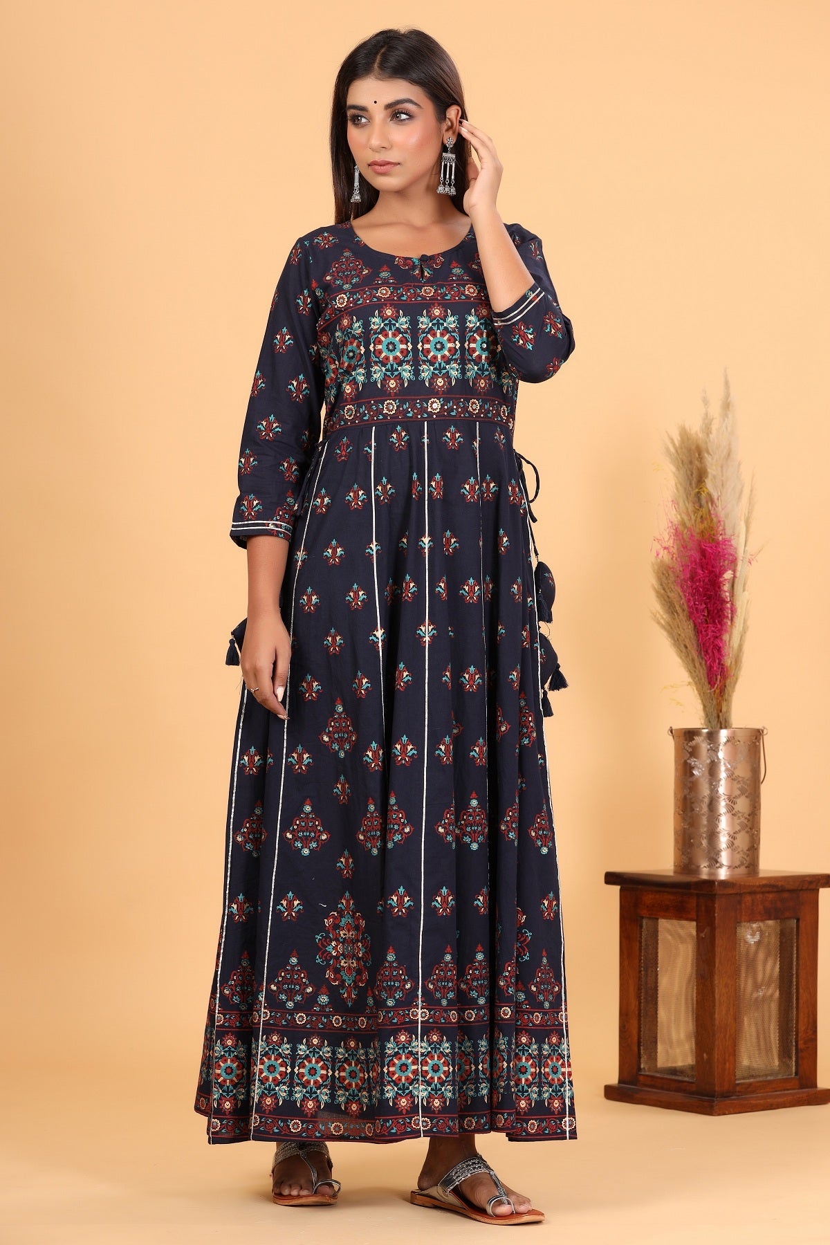 Women's Blue Gold Print Embellishment Anarkali Kurta