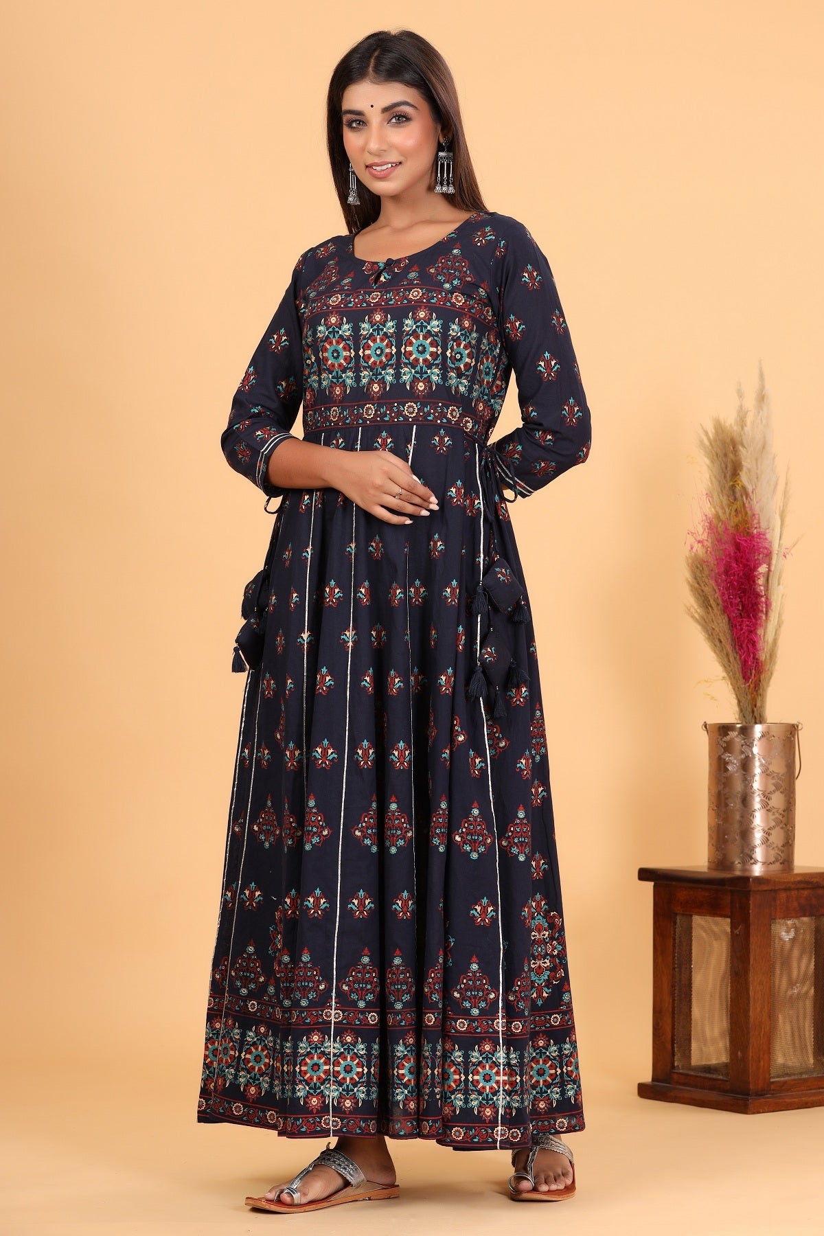 Women's Blue Gold Print Embellishment Anarkali Kurta