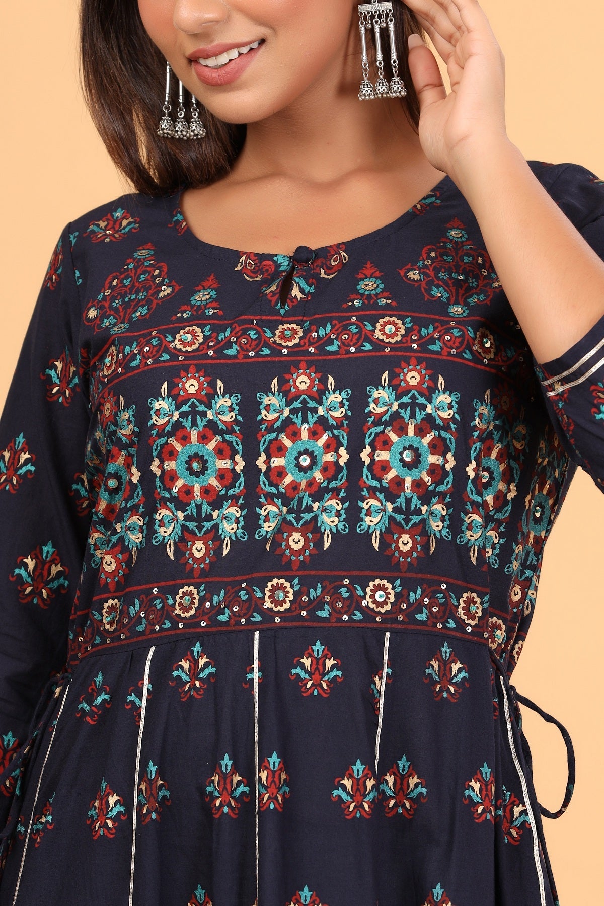 Women's Blue Gold Print Embellishment Anarkali Kurta