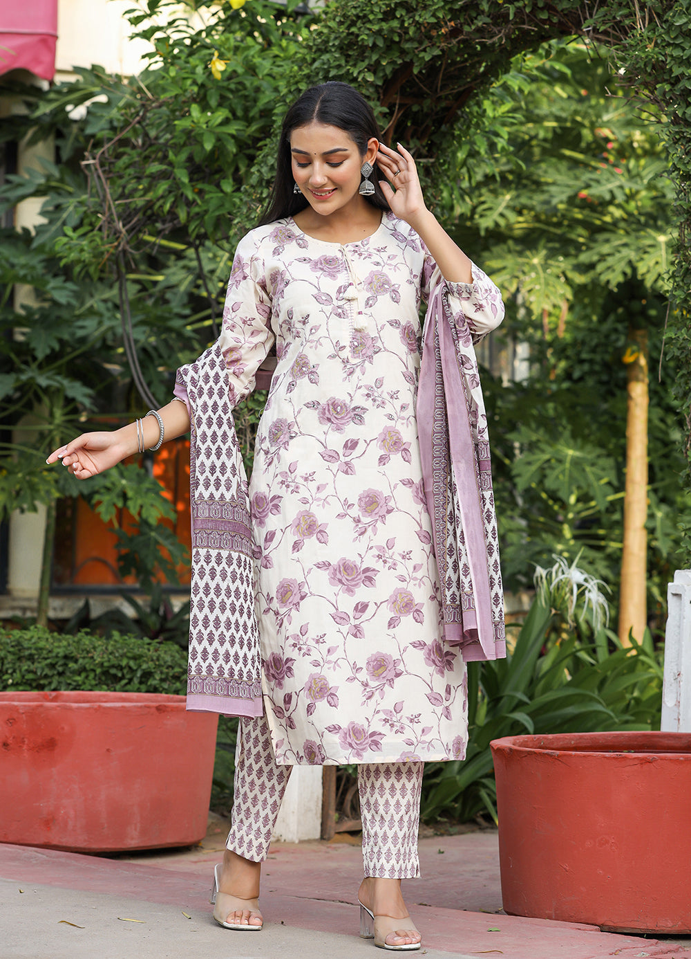 Women's Light Purple Floral Print Cotton Kurta Pant Set With Dupatta