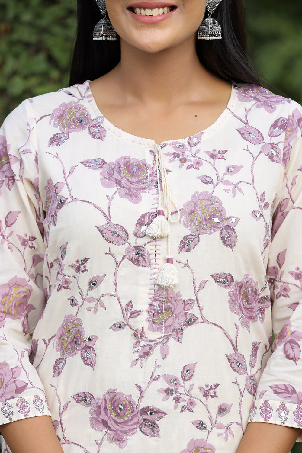 Women's Light Purple Floral Print Cotton Kurta Pant Set With Dupatta